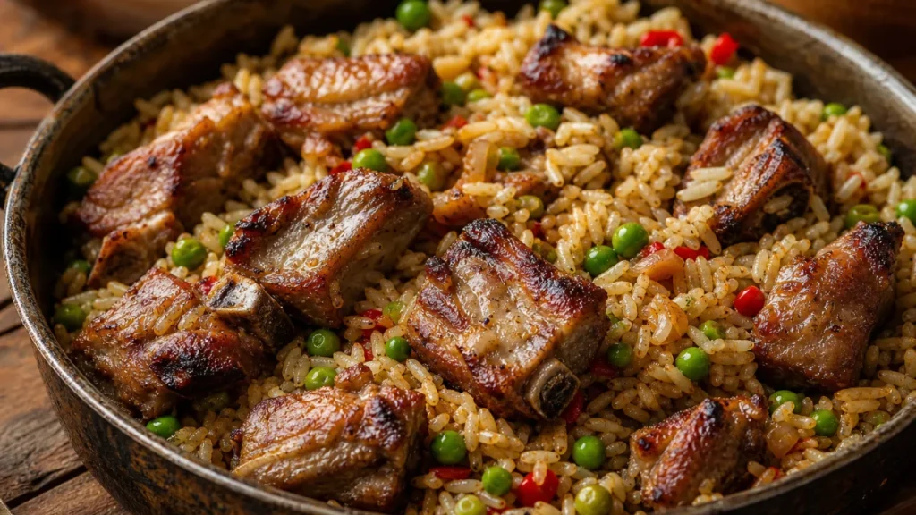 Arroz com costelinha de porco douradinho, com ervilha e temperos, servido em panela rústica