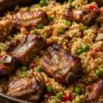 Arroz com costelinha de porco douradinho, com ervilha e temperos, servido em panela rústica