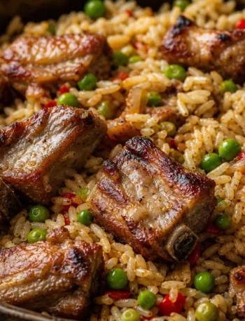 Arroz com costelinha de porco douradinho, com ervilha e temperos, servido em panela rústica