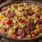 Arroz com pinhão e linguiça em tigela rústica, com bacon dourado, pimentões coloridos e ervas frescas