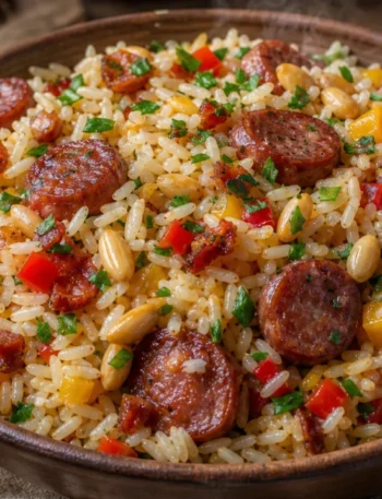 Arroz com pinhão e linguiça em tigela rústica, com bacon dourado, pimentões coloridos e ervas frescas
