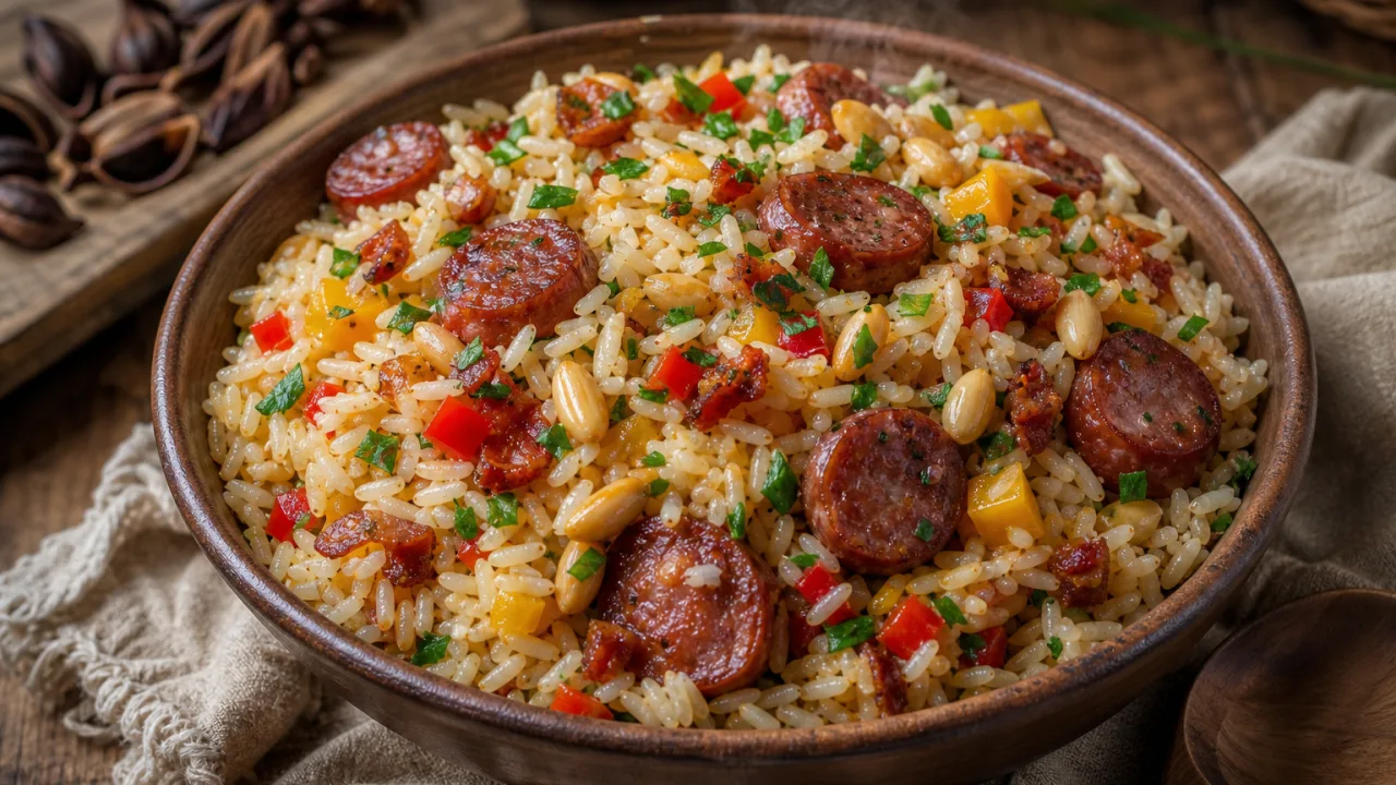 Arroz com pinhão e linguiça em tigela rústica, com bacon dourado, pimentões coloridos e ervas frescas