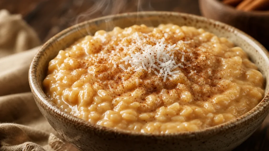 Arroz doce caramelizado super cremoso com canela e coco ralado em tigela rústica