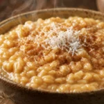 Arroz doce caramelizado super cremoso com canela e coco ralado em tigela rústica