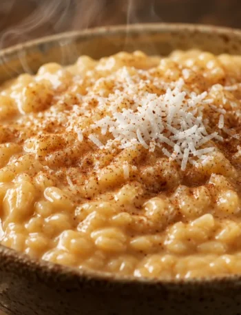 Arroz doce caramelizado super cremoso com canela e coco ralado em tigela rústica