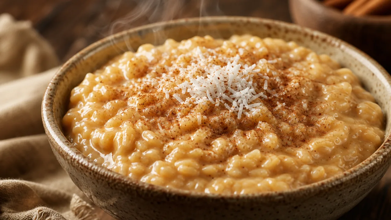 Arroz doce caramelizado super cremoso com canela e coco ralado em tigela rústica
