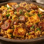 Baião de dois nordestino cremoso com carne seca, calabresa, bacon e queijo coalho dourado