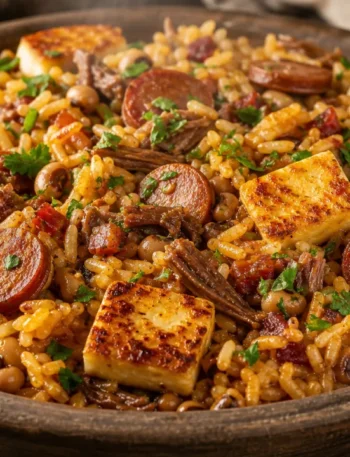 Baião de dois nordestino cremoso com carne seca, calabresa, bacon e queijo coalho dourado