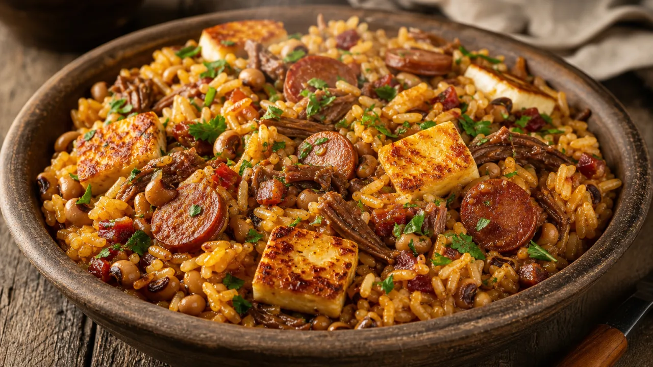 Baião de dois nordestino cremoso com carne seca, calabresa, bacon e queijo coalho dourado