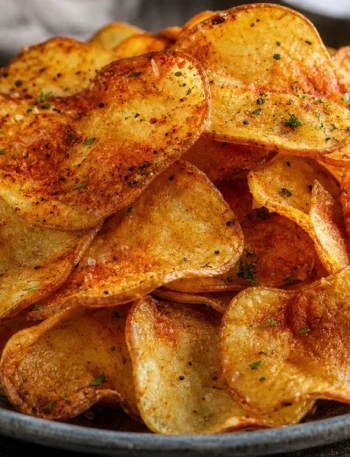 Batata chips crocante e sequinha com páprica e salsinha desidratada em prato rústico