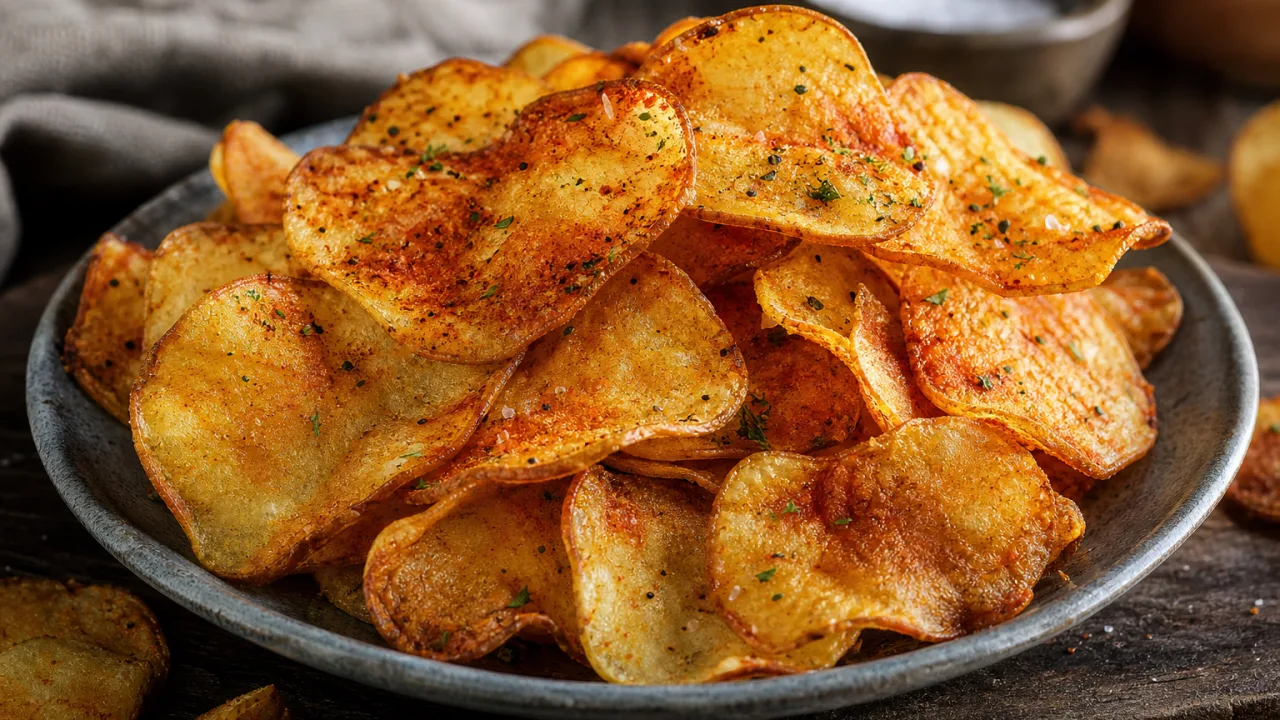 Batata chips crocante e sequinha com páprica e salsinha desidratada em prato rústico