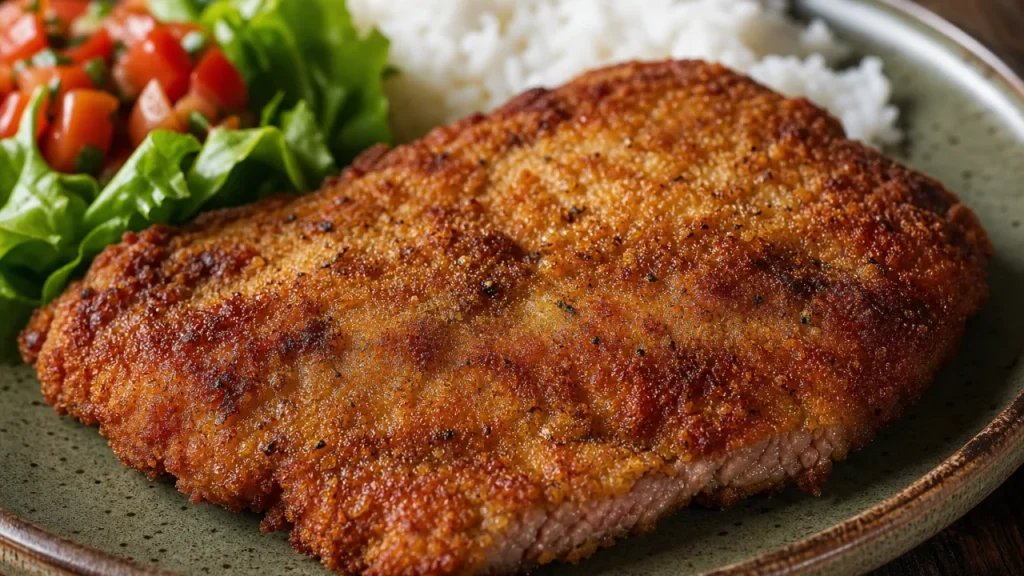 Bife à milanesa crocante com casquinha dourada e carne suculenta sobre mesa rústica