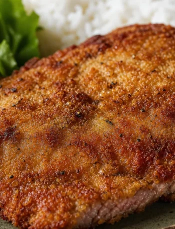 Bife à milanesa crocante com casquinha dourada e carne suculenta sobre mesa rústica