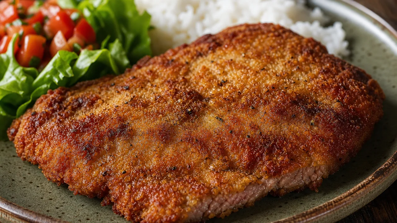 Bife à milanesa crocante com casquinha dourada e carne suculenta sobre mesa rústica