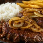 Bife acebolado suculento com cebolas douradas, servido com arroz, feijão e batata frita