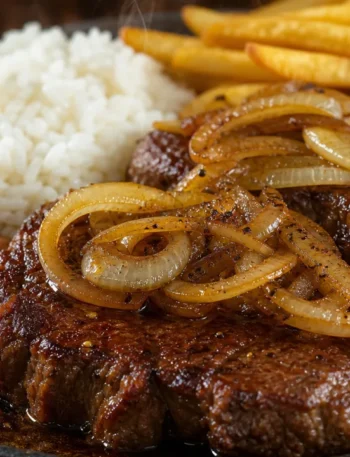 Bife acebolado suculento com cebolas douradas, servido com arroz, feijão e batata frita