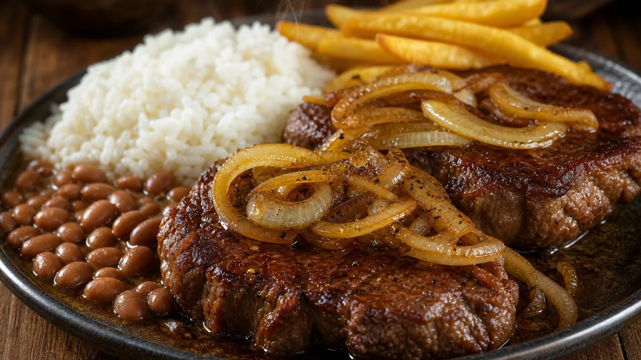 Bife acebolado suculento com cebolas douradas, servido com arroz, feijão e batata frita