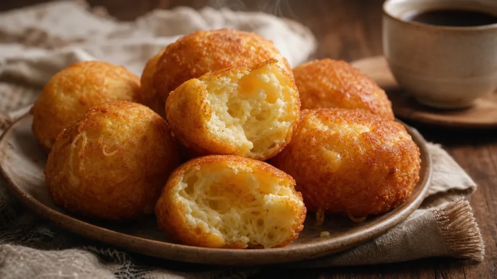 Biscoito de polvilho frito com queijo douradinho e crocante sobre mesa rústica