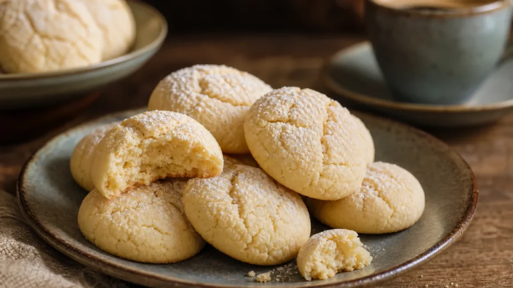 Bolachinhas de nata macias com açúcar refinado sobre mesa rústica, acompanhadas de café