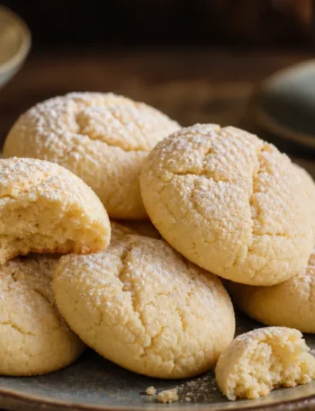 Bolachinhas de nata macias com açúcar refinado sobre mesa rústica, acompanhadas de café