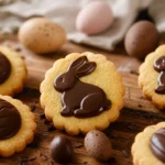 Bolachinhas de Páscoa com chocolate em mesa rústica, com massa amanteigada e cobertura brilhante.
