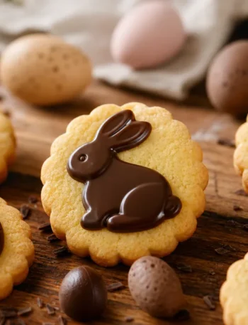 Bolachinhas de Páscoa com chocolate em mesa rústica, com massa amanteigada e cobertura brilhante.