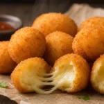 Bolinha de queijo com massa fácil, dourada e crocante, com recheio de mussarela derretida em mesa rústica