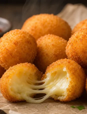 Bolinha de queijo com massa fácil, dourada e crocante, com recheio de mussarela derretida em mesa rústica