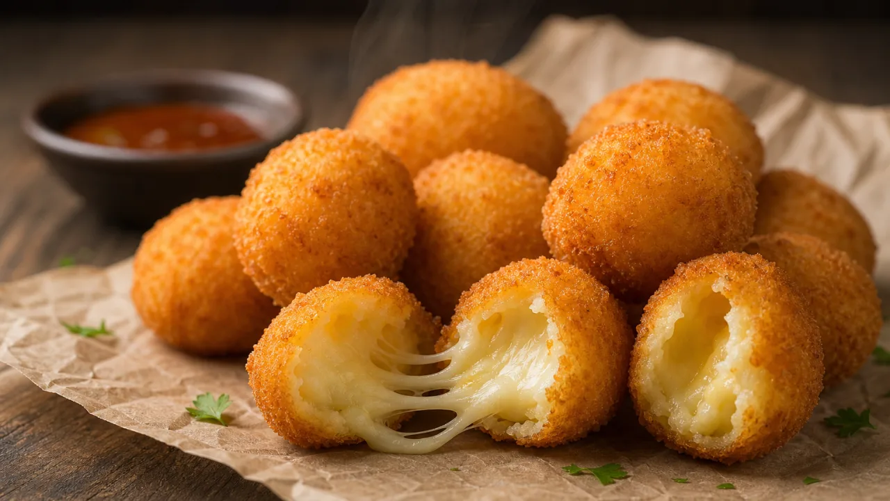 Bolinha de queijo com massa fácil, dourada e crocante, com recheio de mussarela derretida em mesa rústica