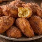 Bolinho de chuva com banana fofinho, dourado e polvilhado com açúcar e canela em mesa de madeira