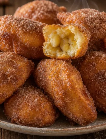 Bolinho de chuva com banana fofinho, dourado e polvilhado com açúcar e canela em mesa de madeira