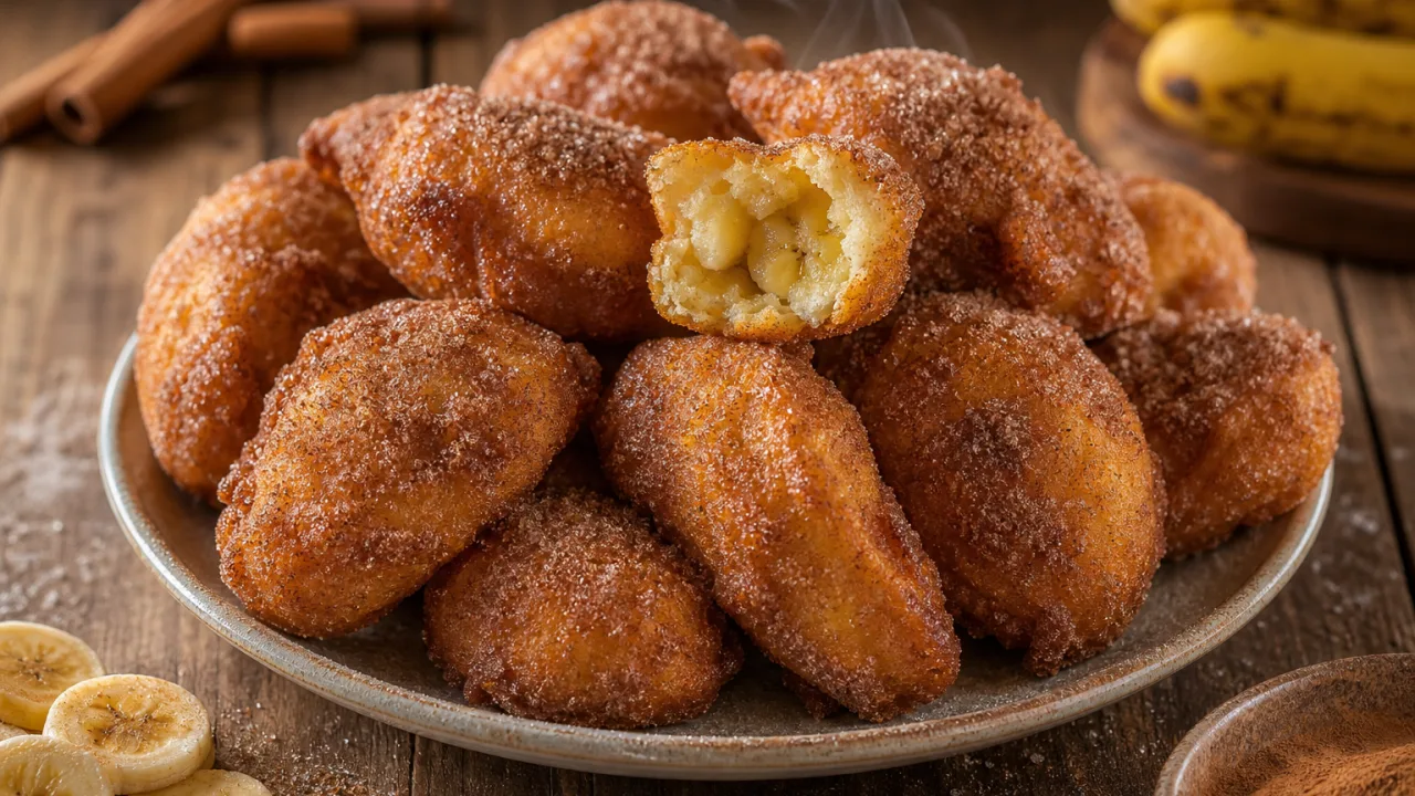Bolinho de chuva com banana fofinho, dourado e polvilhado com açúcar e canela em mesa de madeira