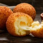 Bolinho de mandioca com queijo dourado e crocante, com recheio derretido sobre mesa de madeira