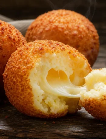 Bolinho de mandioca com queijo dourado e crocante, com recheio derretido sobre mesa de madeira