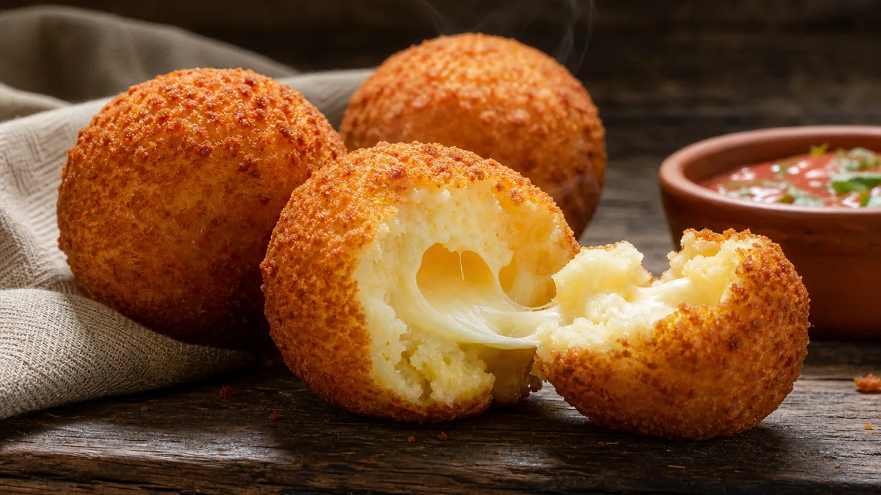 Bolinho de mandioca com queijo dourado e crocante, com recheio derretido sobre mesa de madeira