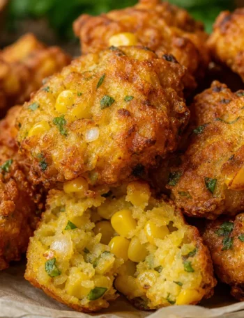 Bolinho de milho frito da roça crocante por fora e macio por dentro com milho fresco e ervas