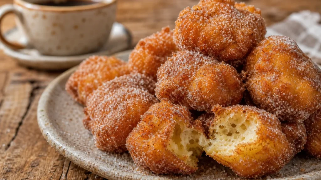 Bolinho sapo crocante e econômico com açúcar e canela, servido com café em mesa de madeira