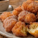 Bolinho sapo crocante e econômico com açúcar e canela, servido com café em mesa de madeira