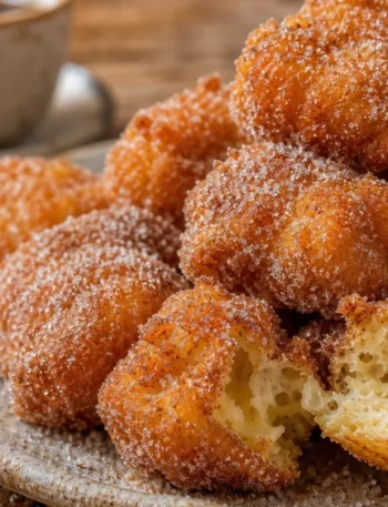 Bolinho sapo crocante e econômico com açúcar e canela, servido com café em mesa de madeira