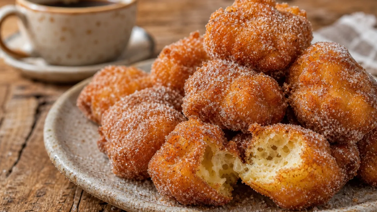 Bolinho sapo crocante e econômico com açúcar e canela, servido com café em mesa de madeira