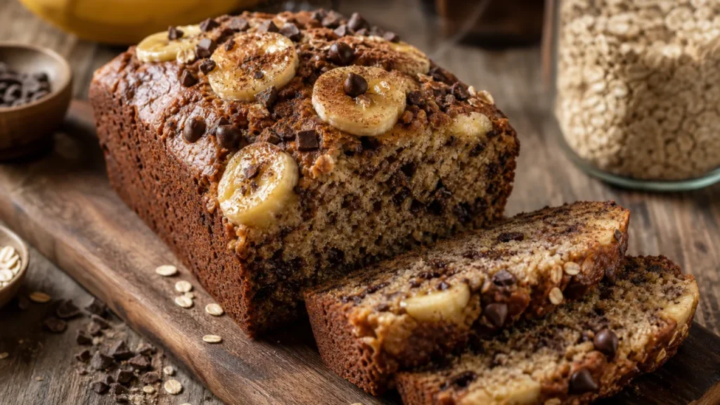Bolo de banana com aveia e chocolate, fofinho e úmido, com rodelas de banana e gotas de chocolate por cima