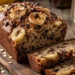 Bolo de banana com aveia e chocolate, fofinho e úmido, com rodelas de banana e gotas de chocolate por cima