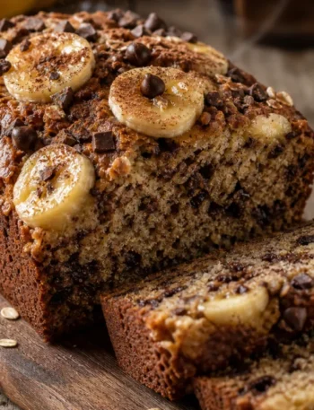 Bolo de banana com aveia e chocolate, fofinho e úmido, com rodelas de banana e gotas de chocolate por cima