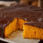 Bolo de cenoura super fofinho com casquinha de chocolate sobre mesa rústica
