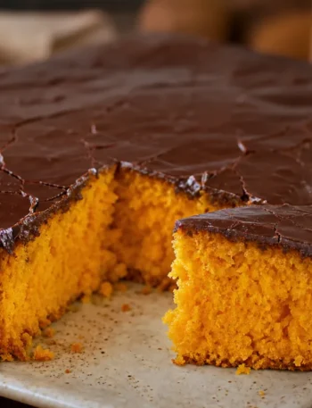 Bolo de cenoura super fofinho com casquinha de chocolate sobre mesa rústica