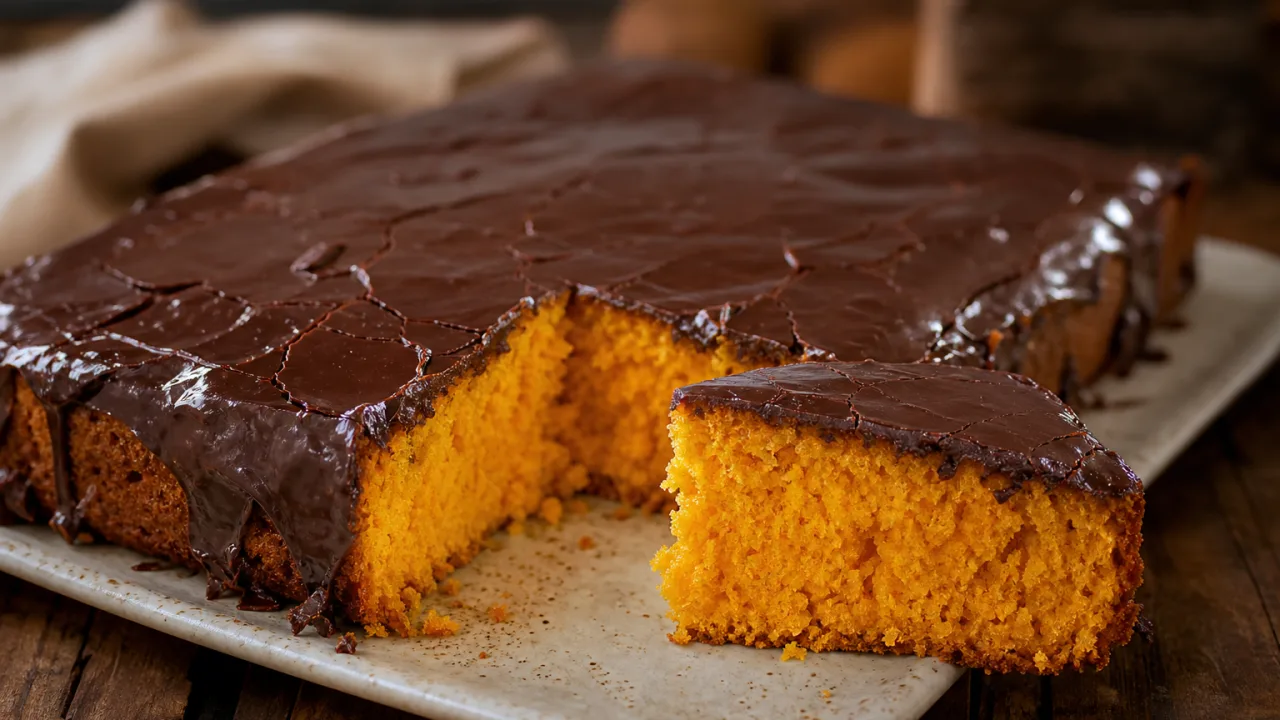 Bolo de cenoura super fofinho com casquinha de chocolate sobre mesa rústica