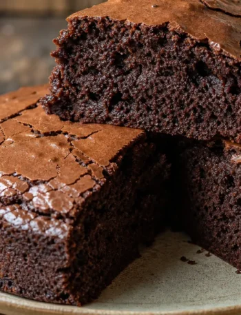Bolo de chocolate fofinho com casquinha perfeita e cobertura brilhante sobre mesa de madeira