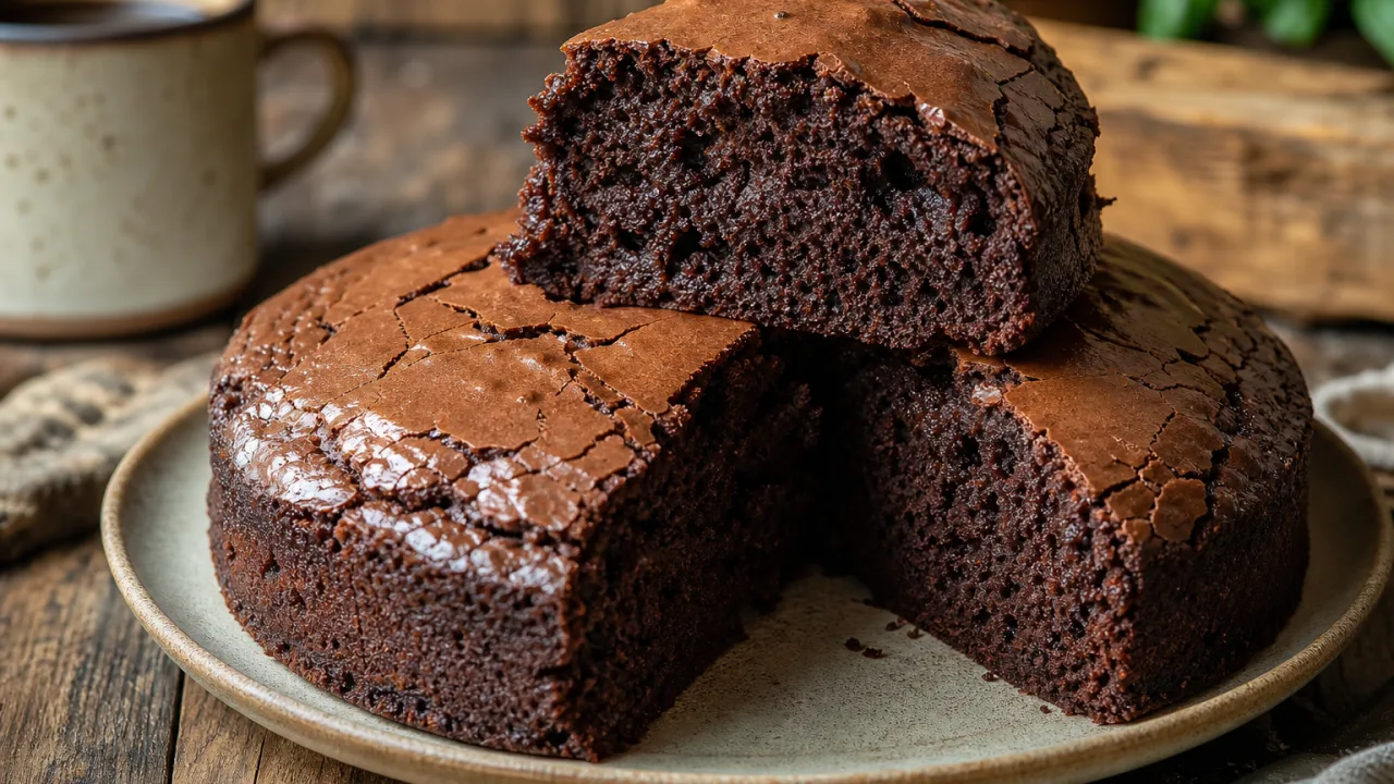 Bolo de chocolate fofinho com casquinha perfeita e cobertura brilhante sobre mesa de madeira