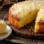 Bolo de coco com queijo fofinho e molhadinho, coberto com leite condensado e coco ralado em mesa rústica