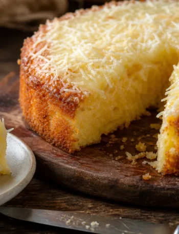 Bolo de coco com queijo fofinho e molhadinho, coberto com leite condensado e coco ralado em mesa rústica